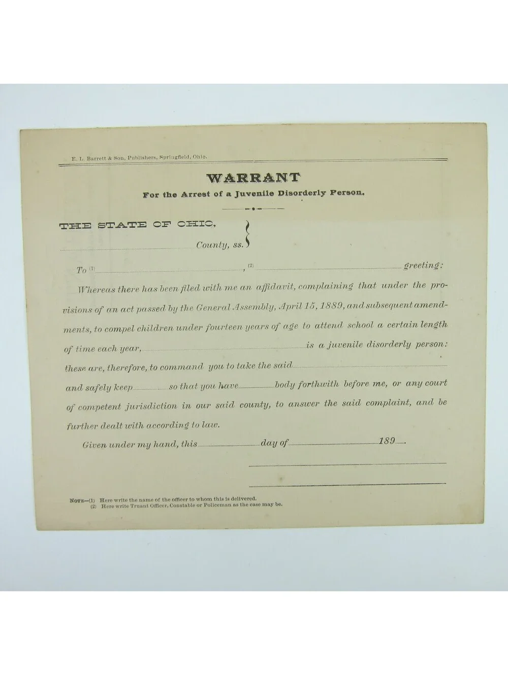 Antique 1890s Ohio Arrest Warrant Juvenile Disorderly Police Record Form Blank